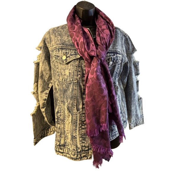 Coach Purple Signature Scarf 30% Silk & 70% Wool, Preppy Fall Boho Relaxed Fit - Picture 7 of 7